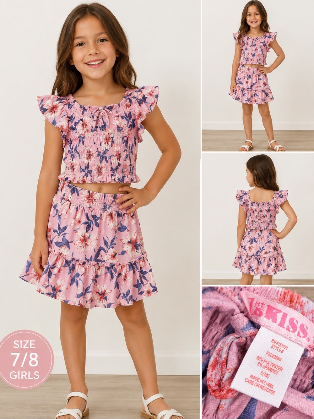 1st Kiss Pink Floral Smocked Crop Top & Skirt Set